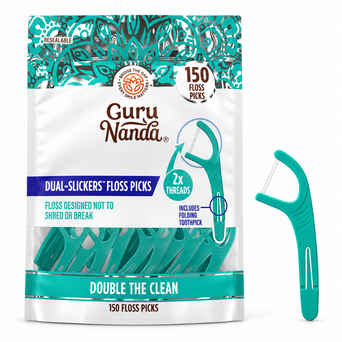 GuruNanda Dual Slickers 150-count floss picks pouch and teal floss pick on white