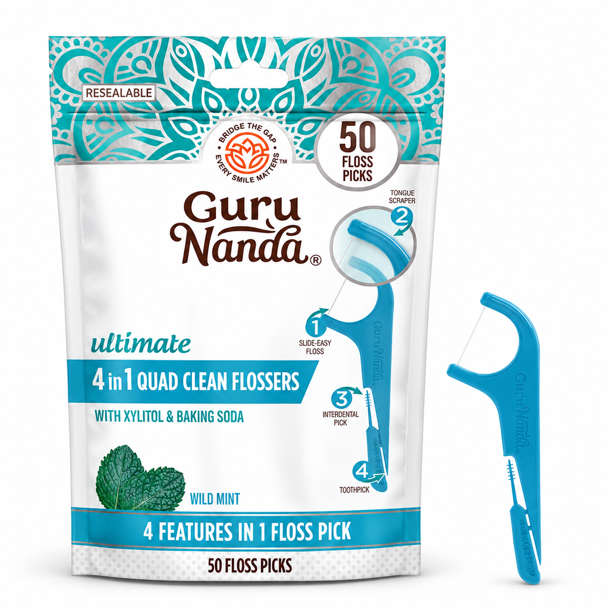 GuruNanda Quad Clean 4-in-1 Floss Picks, 50 Count