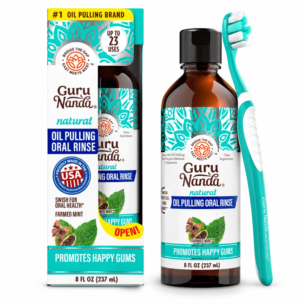GuruNanda Farmed Mint Oil Pulling 8 fl oz carton, bottle and included toothbrush
