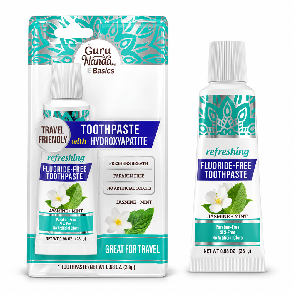 GuruNanda Basics Jasmine Mint Hydroxyapatite Toothpaste, one 0.98 oz tube with retail pouch on white