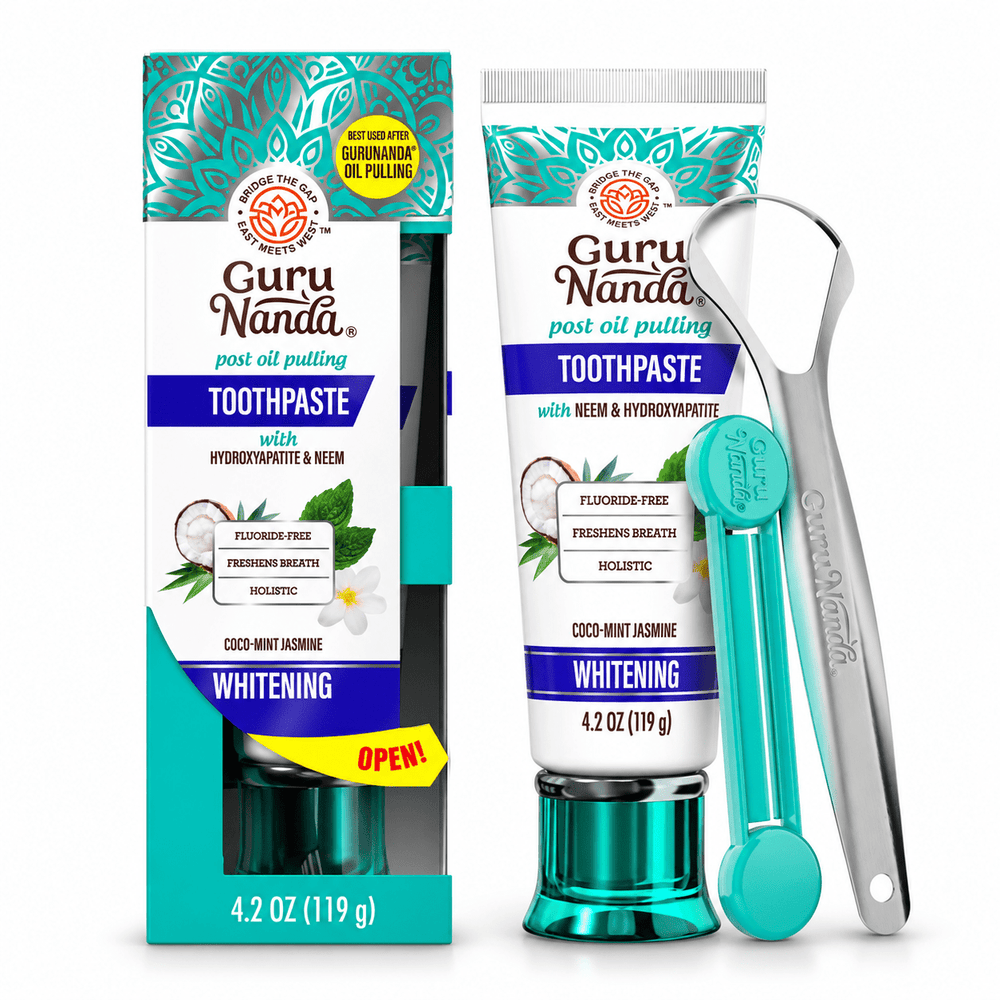 GuruNanda Neem Toothpaste 4.2 oz with tongue scraper and tube squeezer on white