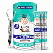 GuruNanda Farmed Mint Oil Pulling Travel Sachets, 28 Count with tongue scraper