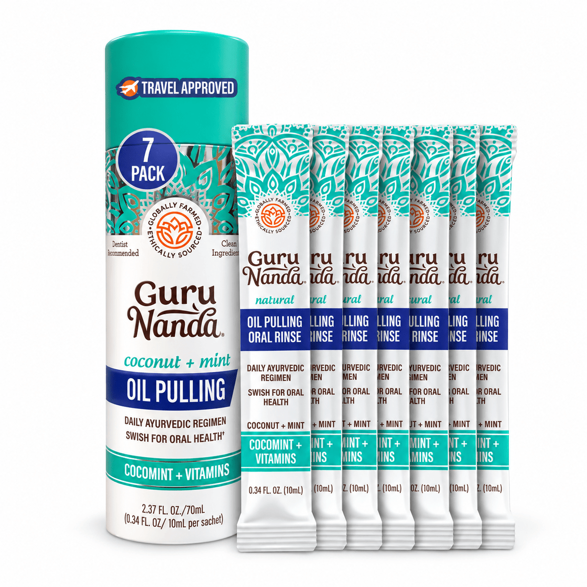 GuruNanda Farmed Mint Oil Pulling Travel Sachets, 7 Count