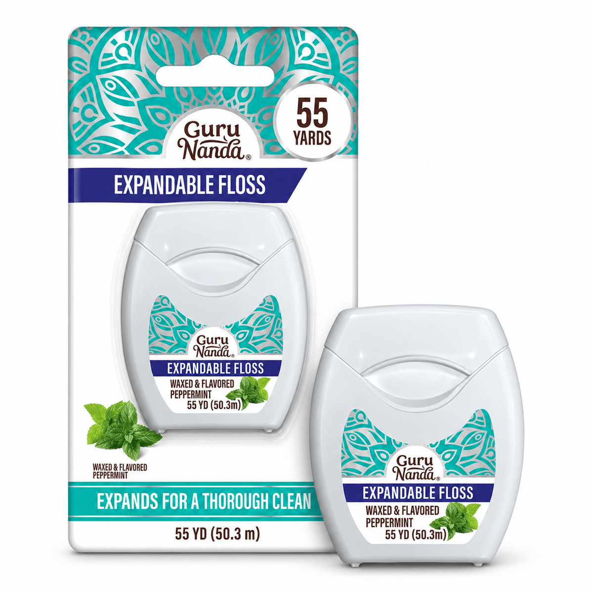 GuruNanda Peppermint Expandable Dental Floss 55 yards, retail packaging with dispenser shown outside