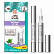 GuruNanda Pro Formula Whitening Gel Pens Mint 2 Pack with box, capped pen, open brush-tip pen and detached cap