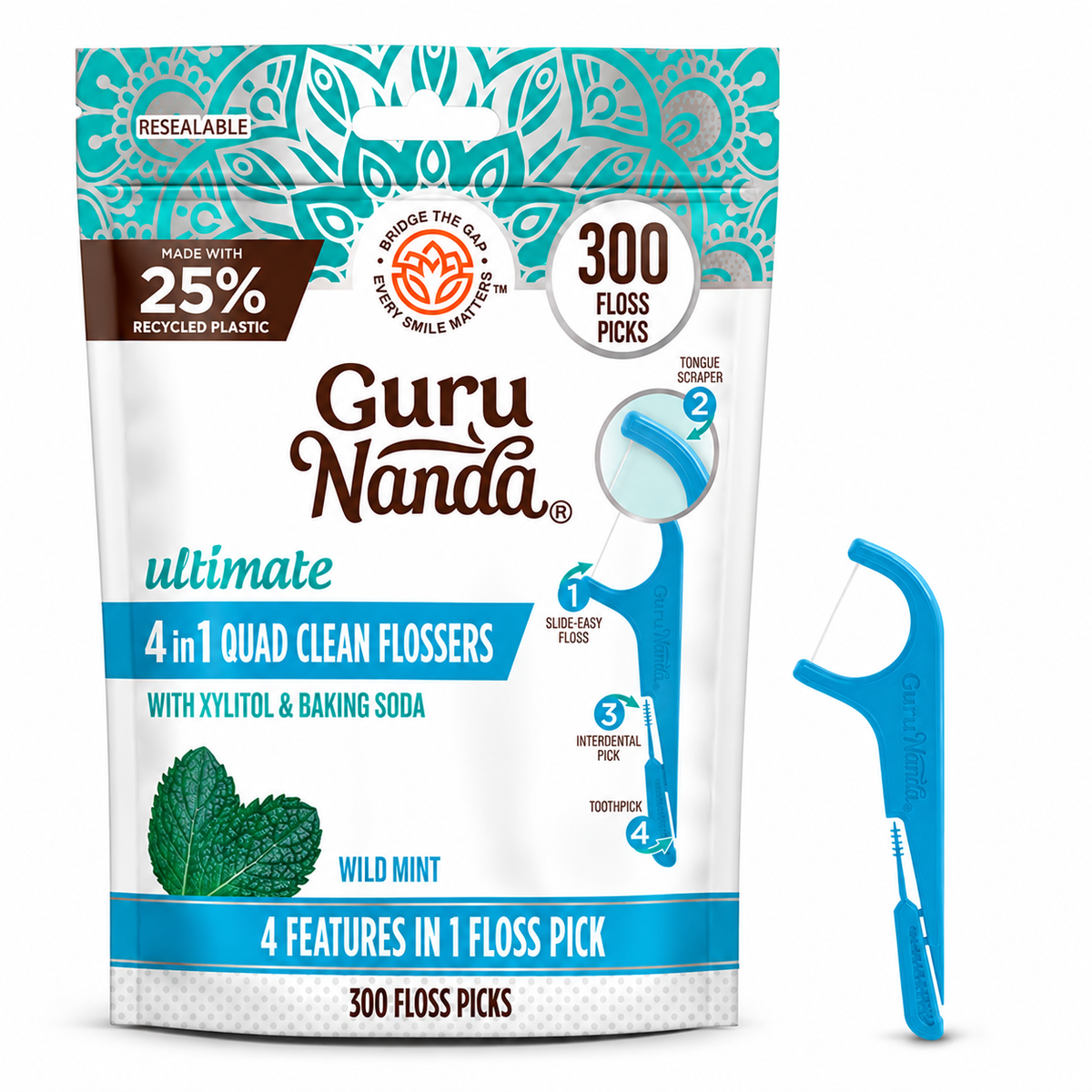 GuruNanda Quad Clean 4-in-1 Wild Mint Floss Picks 300 Count pouch and blue pick on white
