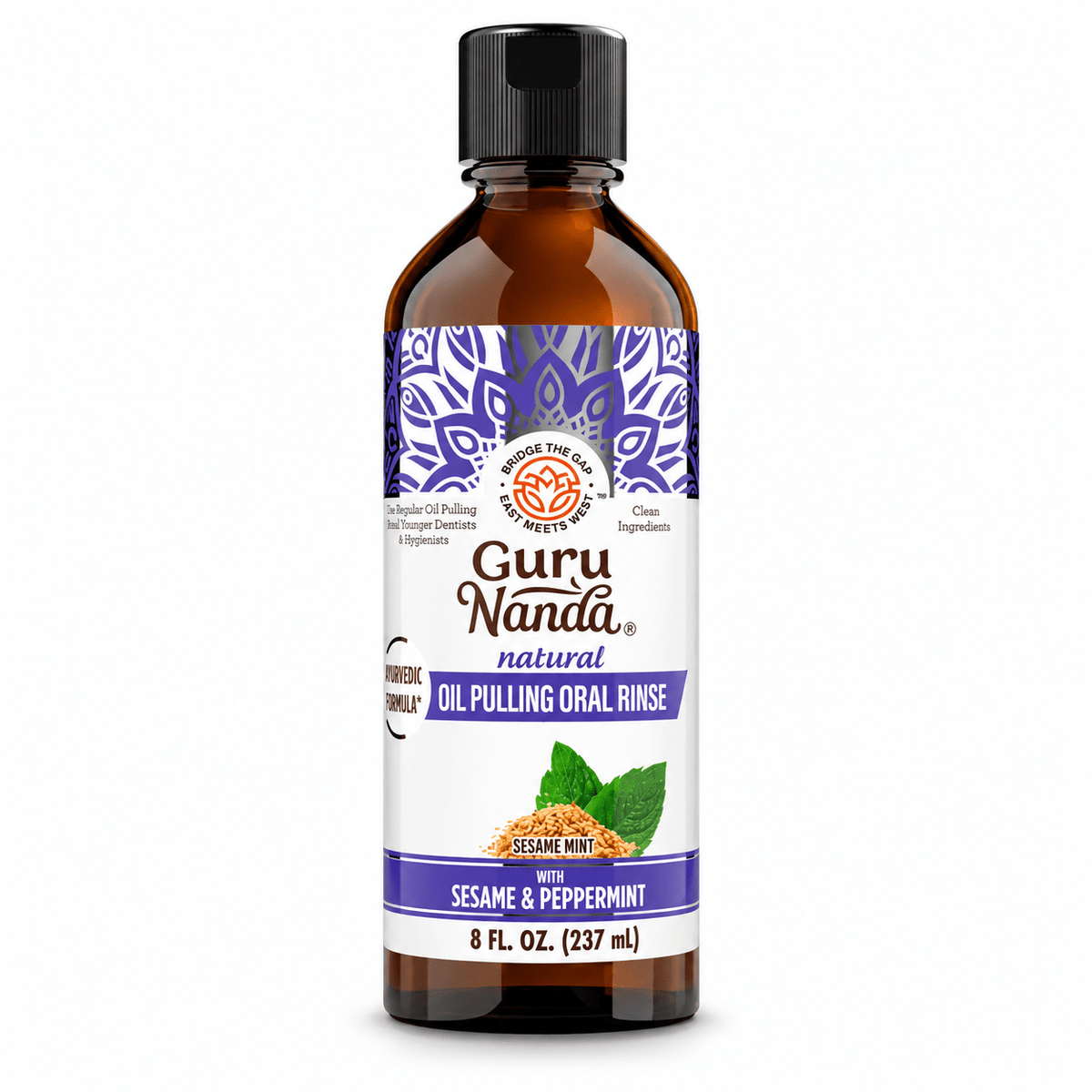 GuruNanda Sesame and Peppermint Oil Pulling 8 fl oz bottle on white