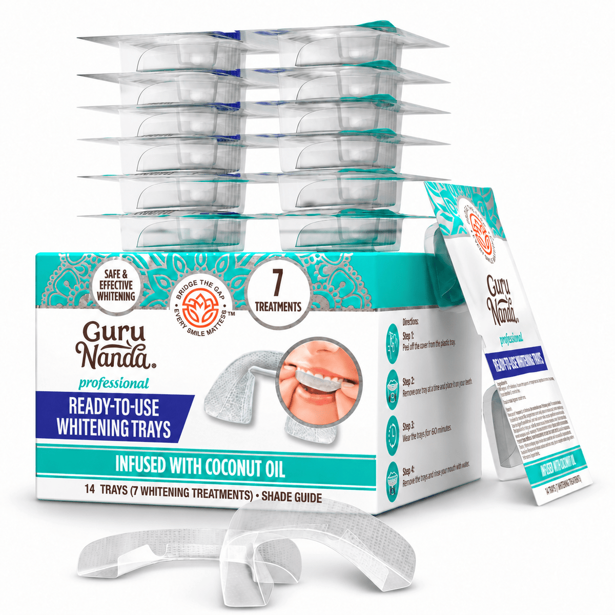 GuruNanda Professional Whitening Trays 7 Treatments with stacked trays and side packet