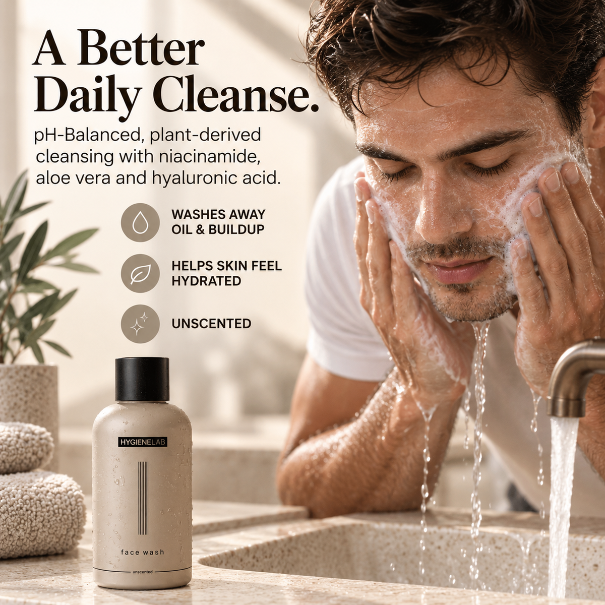 HygieneLab Face Wash pH balanced daily cleansing lifestyle infographic