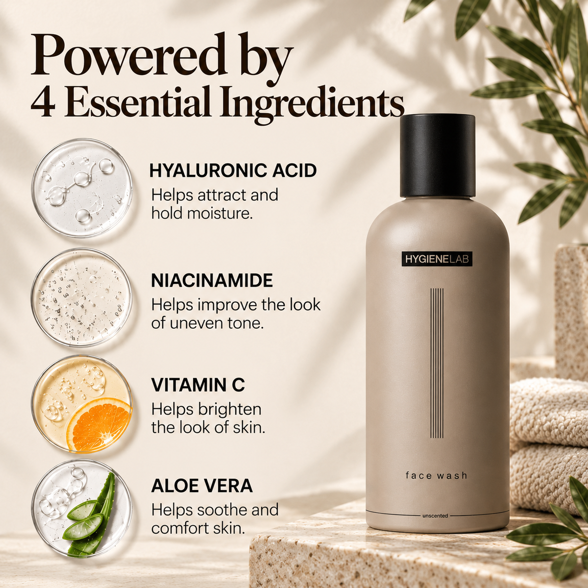 HygieneLab Face Wash key ingredients hyaluronic acid niacinamide vitamin C and aloe vera