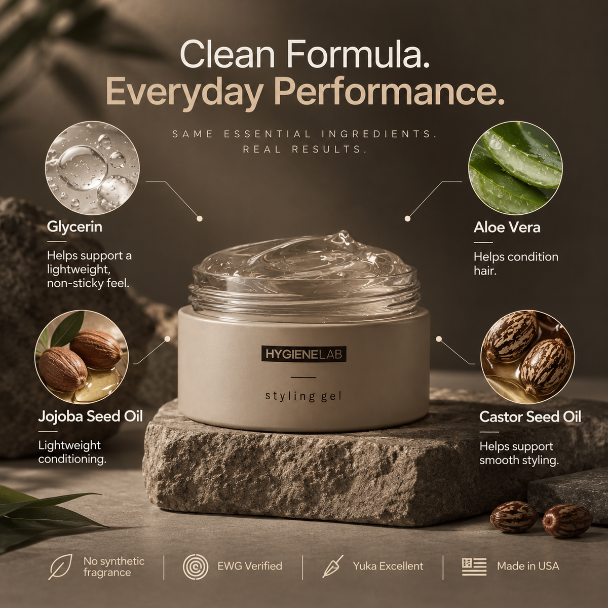 HygieneLab Styling Gel glycerin aloe vera jojoba and castor oil ingredients
