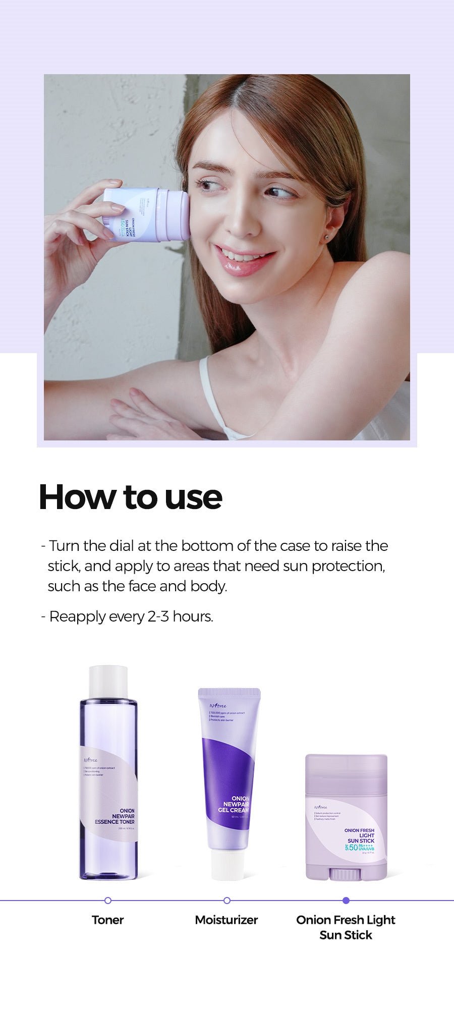 Isntree Onion Fresh Light Sun Stick SPF50+ PA++++ 22g - application and routine sequence