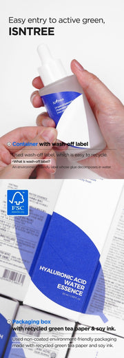 Isntree Hyaluronic Acid Water Essence 50mL: recycled paper packaging