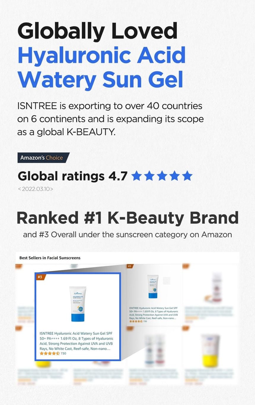 Isntree Hyaluronic Acid Watery Sun Gel SPF50+ PA++++ 50mL - manufacturer global popularity context