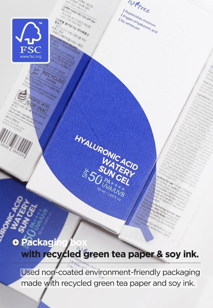 Isntree Hyaluronic Acid Watery Sun Gel SPF50+ PA++++ 50mL - recycled paper packaging