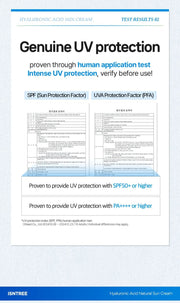 Isntree Hyaluronic Acid Natural Sun Cream SPF50+ PA++++ 50mL - SPF and UVA test results