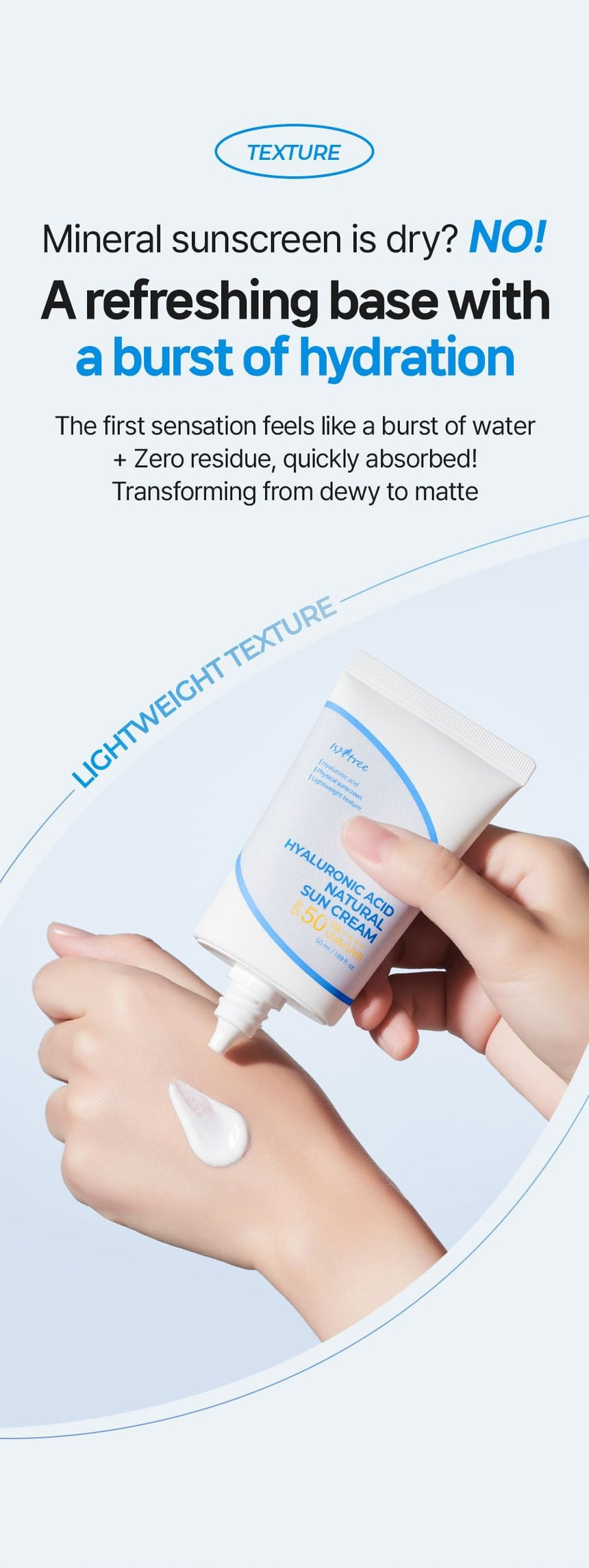 Isntree Hyaluronic Acid Natural Sun Cream SPF50+ PA++++ 50mL - dewy to matte texture