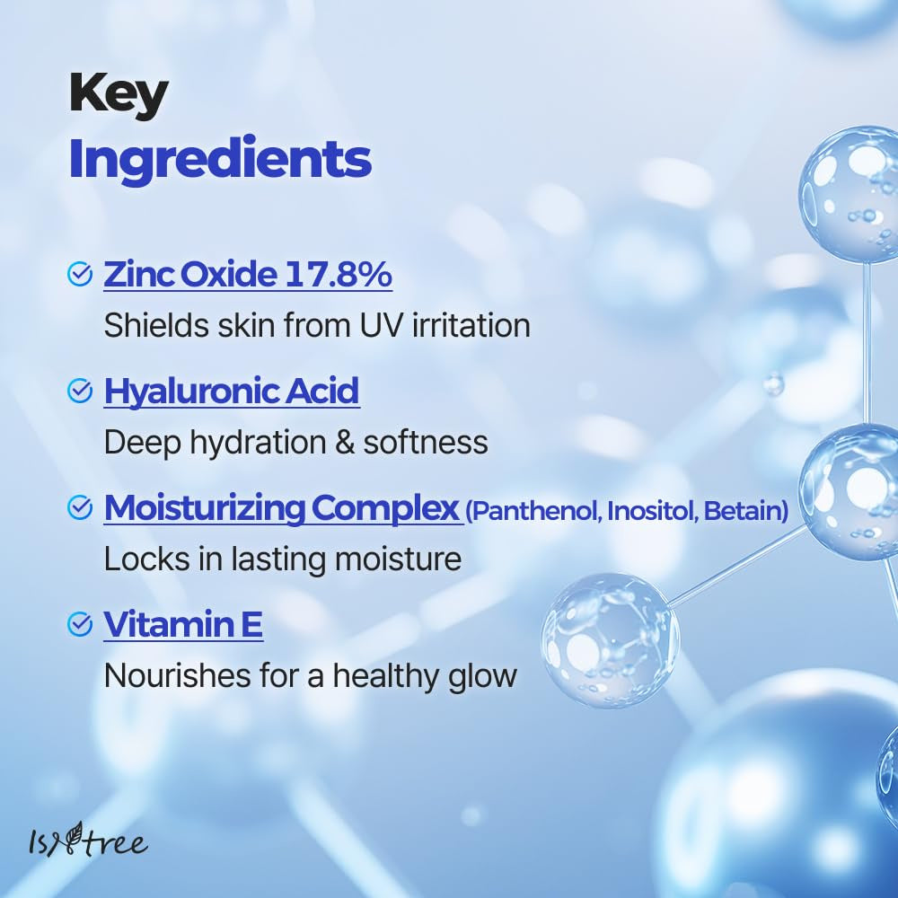 Isntree Hyaluronic Acid Natural Sun Cream SPF50+ PA++++ 50mL - zinc oxide concentration and moisturizing ingredients