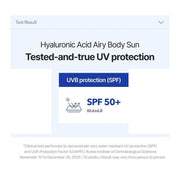 Isntree Hyaluronic Acid Airy Body Sun Cream SPF50+ PA++++ 150mL - SPF test results with study conditions