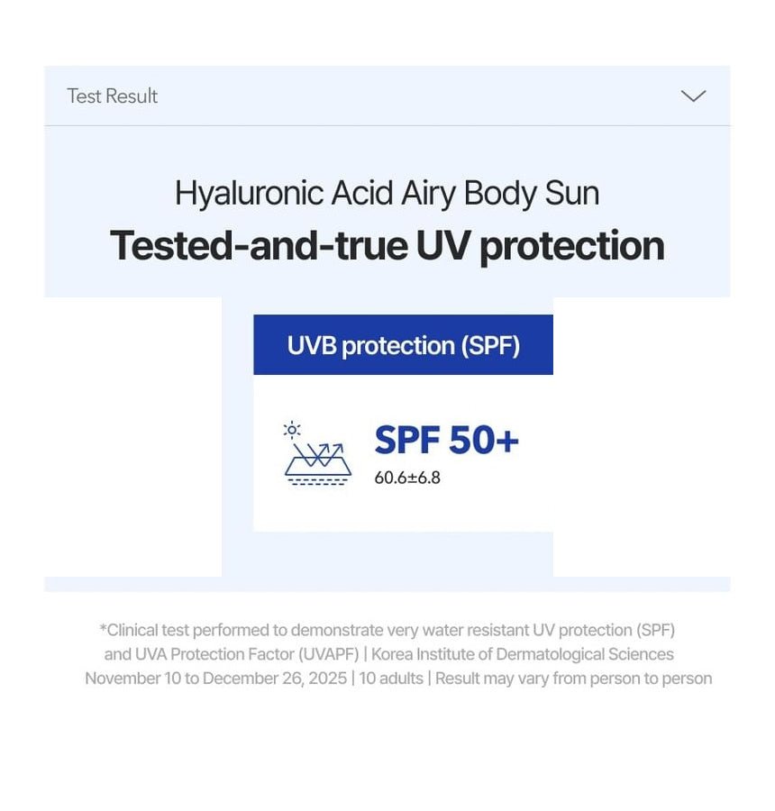 Isntree Hyaluronic Acid Airy Body Sun Cream SPF50+ PA++++ 150mL - SPF test results with study conditions