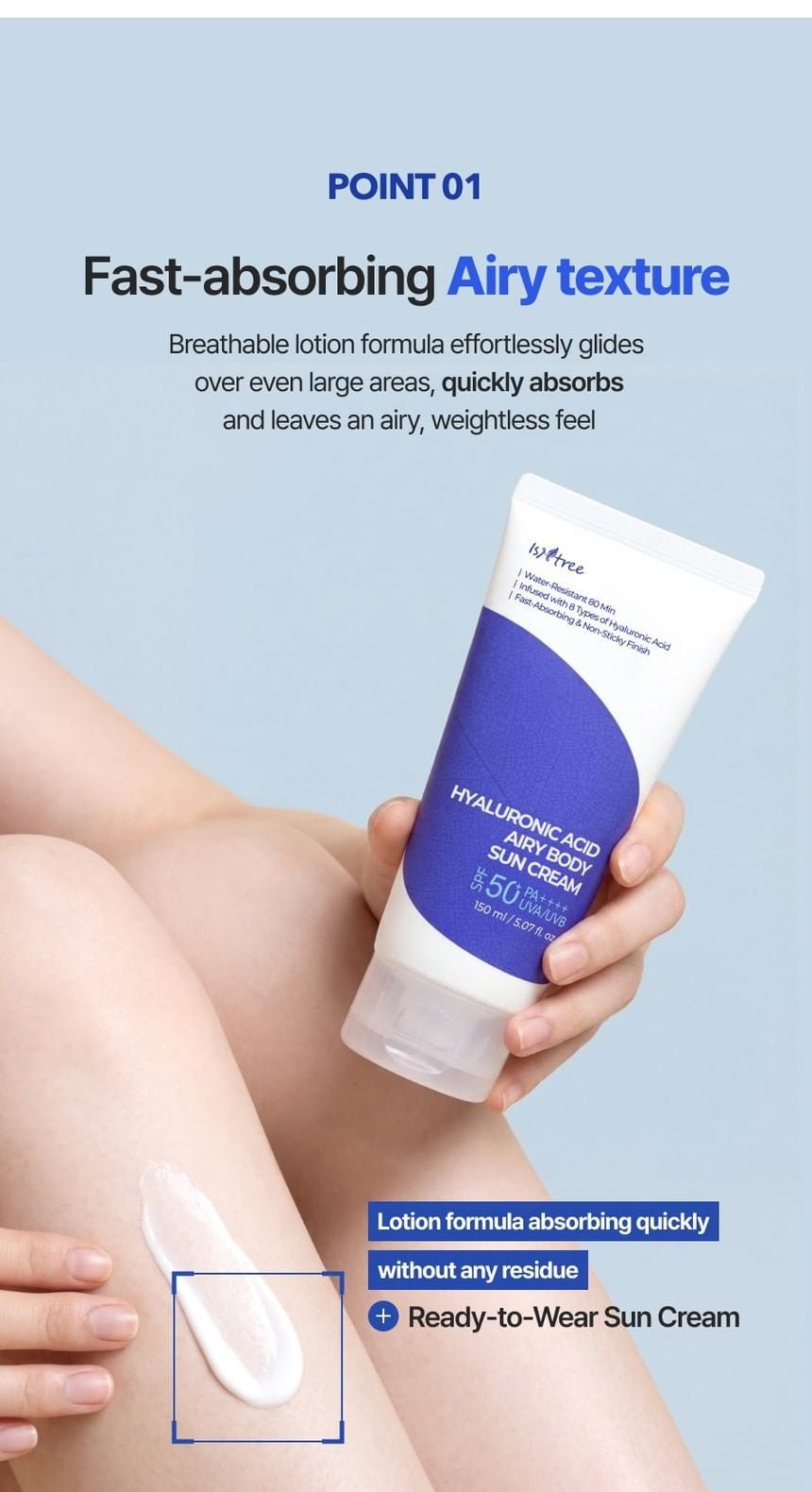 Isntree Hyaluronic Acid Airy Body Sun Cream SPF50+ PA++++ 150mL - fast absorbing airy texture
