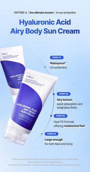 Isntree Hyaluronic Acid Airy Body Sun Cream SPF50+ PA++++ 150mL - four formula highlights with test conditions