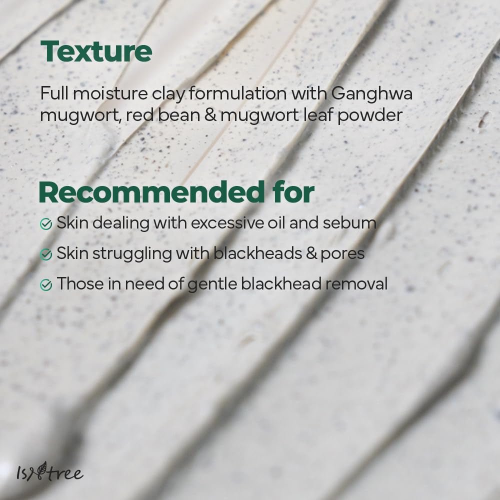 Isntree Mugwort Calming Clay Mask 200mL – Mugwort and red bean clay texture and recommended skin