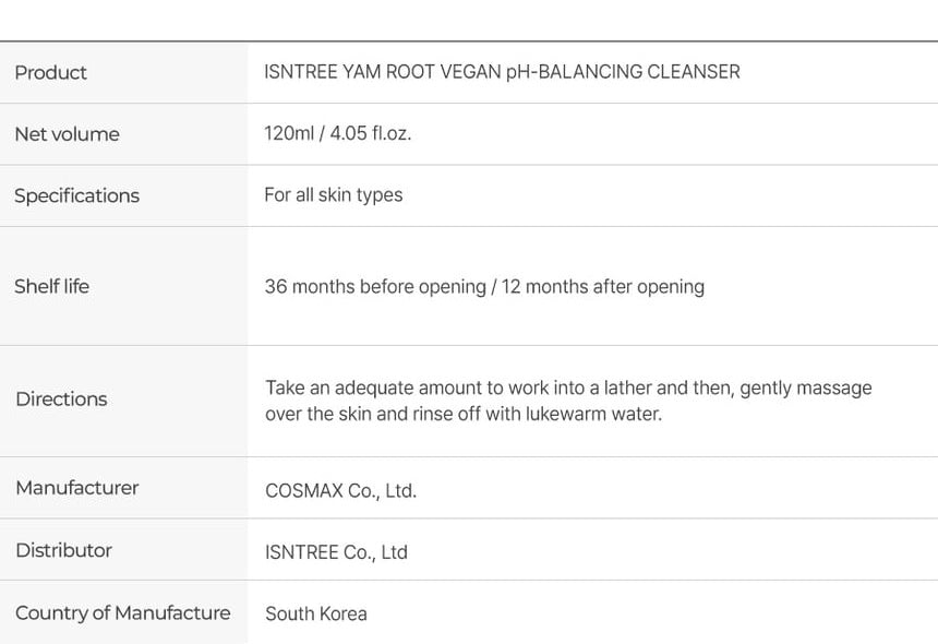 Isntree Yam Root Vegan pH-Balancing Cleanser 120mL – Product size origin and directions