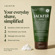 How to use JACKFIR Classic Shave Cream in four steps: squeeze rub apply shave and rinse
