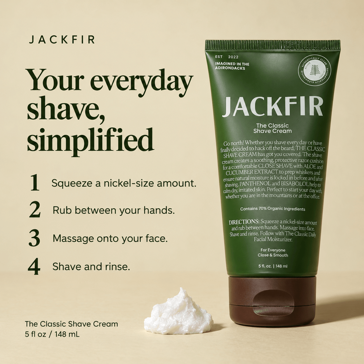How to use JACKFIR Classic Shave Cream in four steps: squeeze rub apply shave and rinse