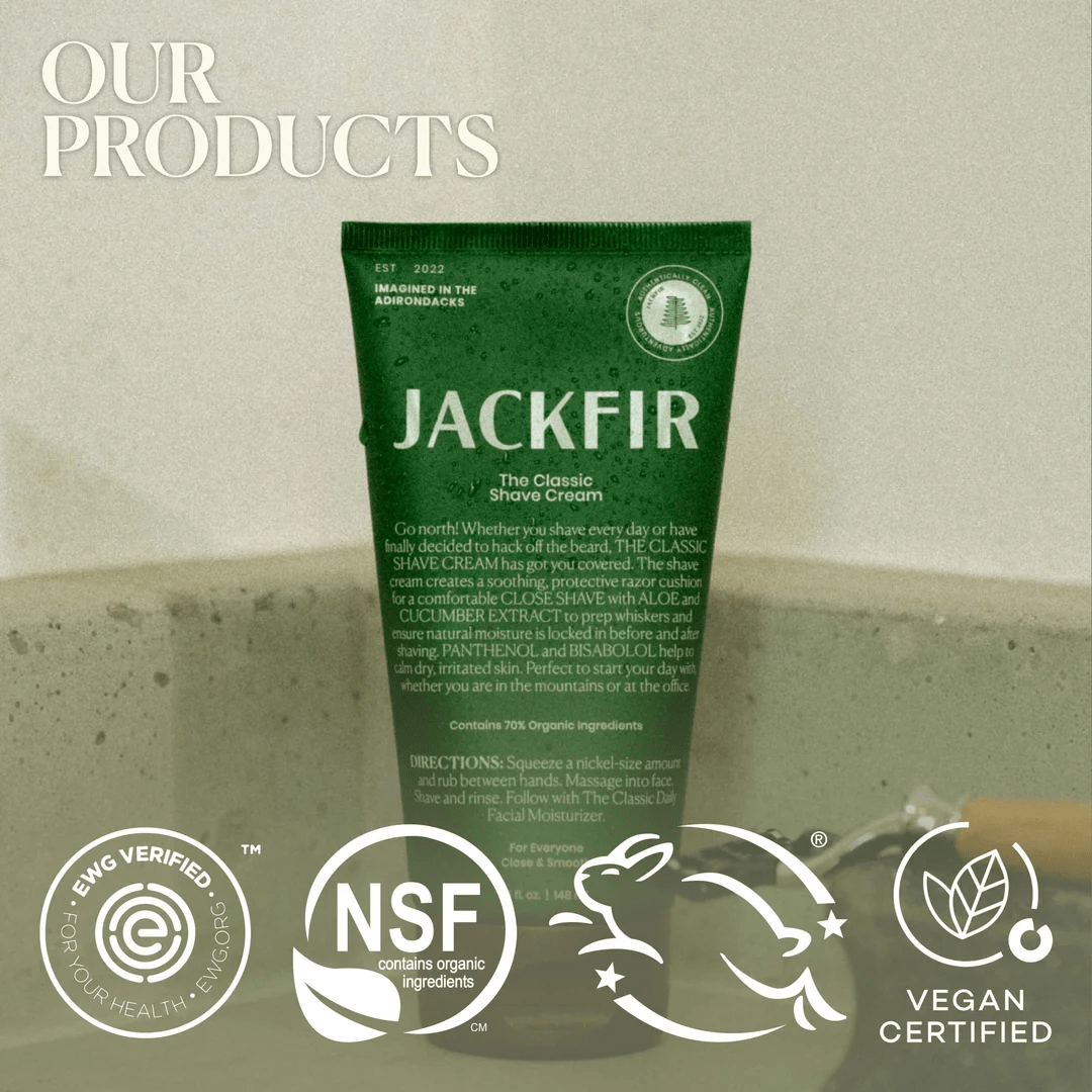 JACKFIR Classic Shave Cream original product image with EWG NSF Leaping Bunny and vegan certification logos