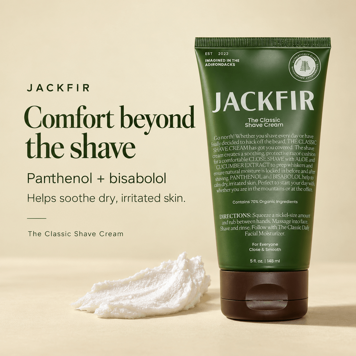 JACKFIR Classic Shave Cream with panthenol and bisabolol to help soothe dry irritated skin