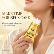 Adult applying LAKERAIN neck cream with the built-in twin roller