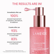 LANEIGE Bouncy & Firm Serum 30 mL instrumental hydration texture radiance and eight-week line results with study footnotes