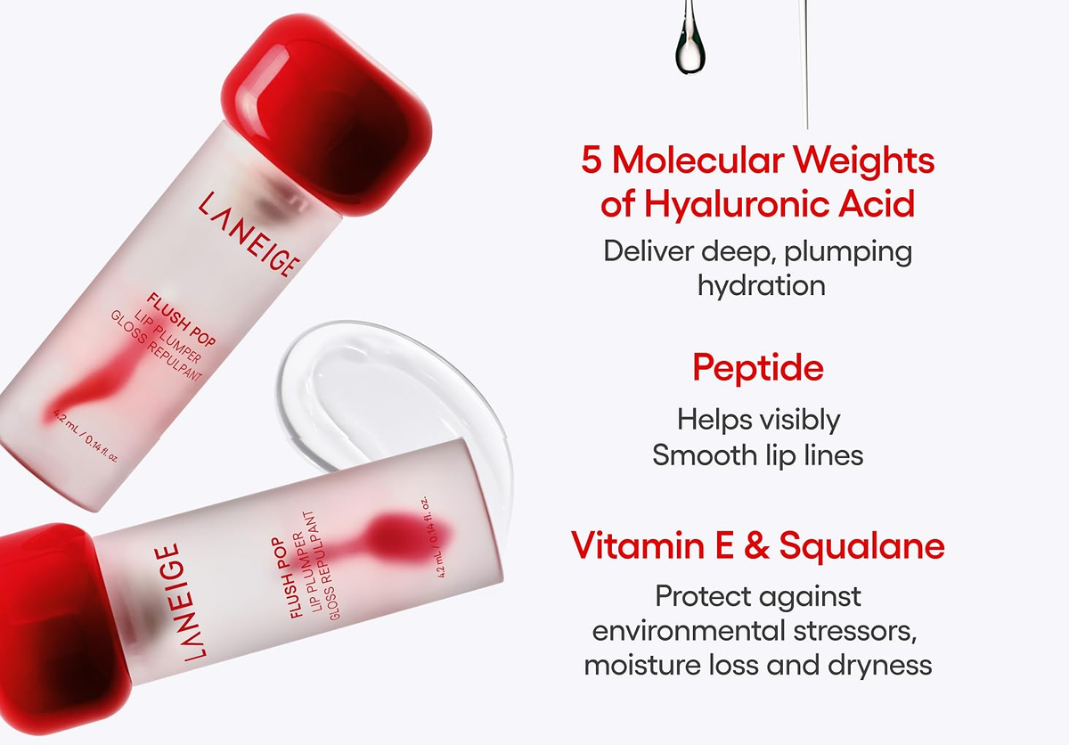 LANEIGE Flush Pop five molecular weights of hyaluronic acid, peptide, vitamin E and squalane