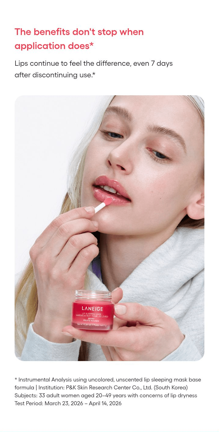 LANEIGE Lip Sleeping Mask EX 2026 uncolored unscented base formula study, not every scent individually tested; complete study footnote