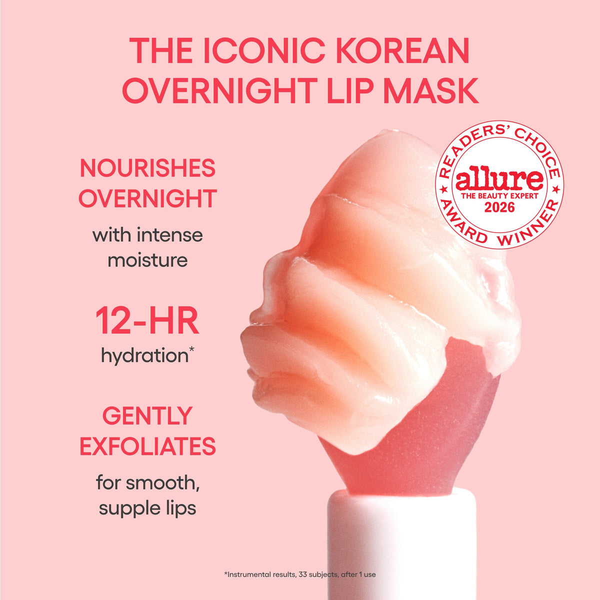 LANEIGE Lip Sleeping Mask twelve-hour hydration, overnight nourishment and 2026 Allure readers choice award; study footnote included