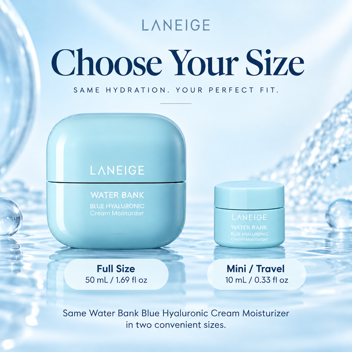 LANEIGE Water Bank 50 mL full size and 10 mL mini size comparison
