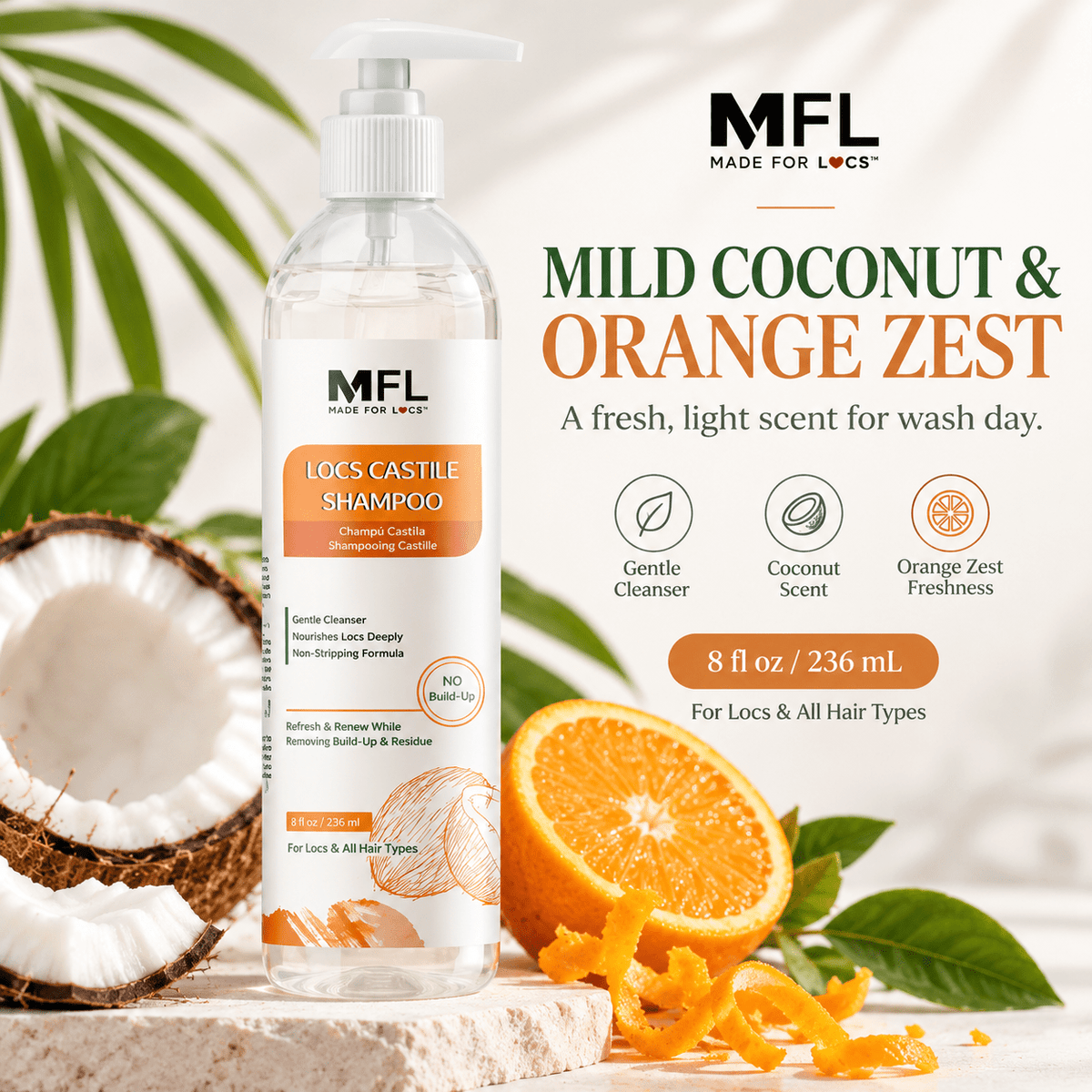 Made For Locs Castile Shampoo mild coconut orange zest 8 oz infographic