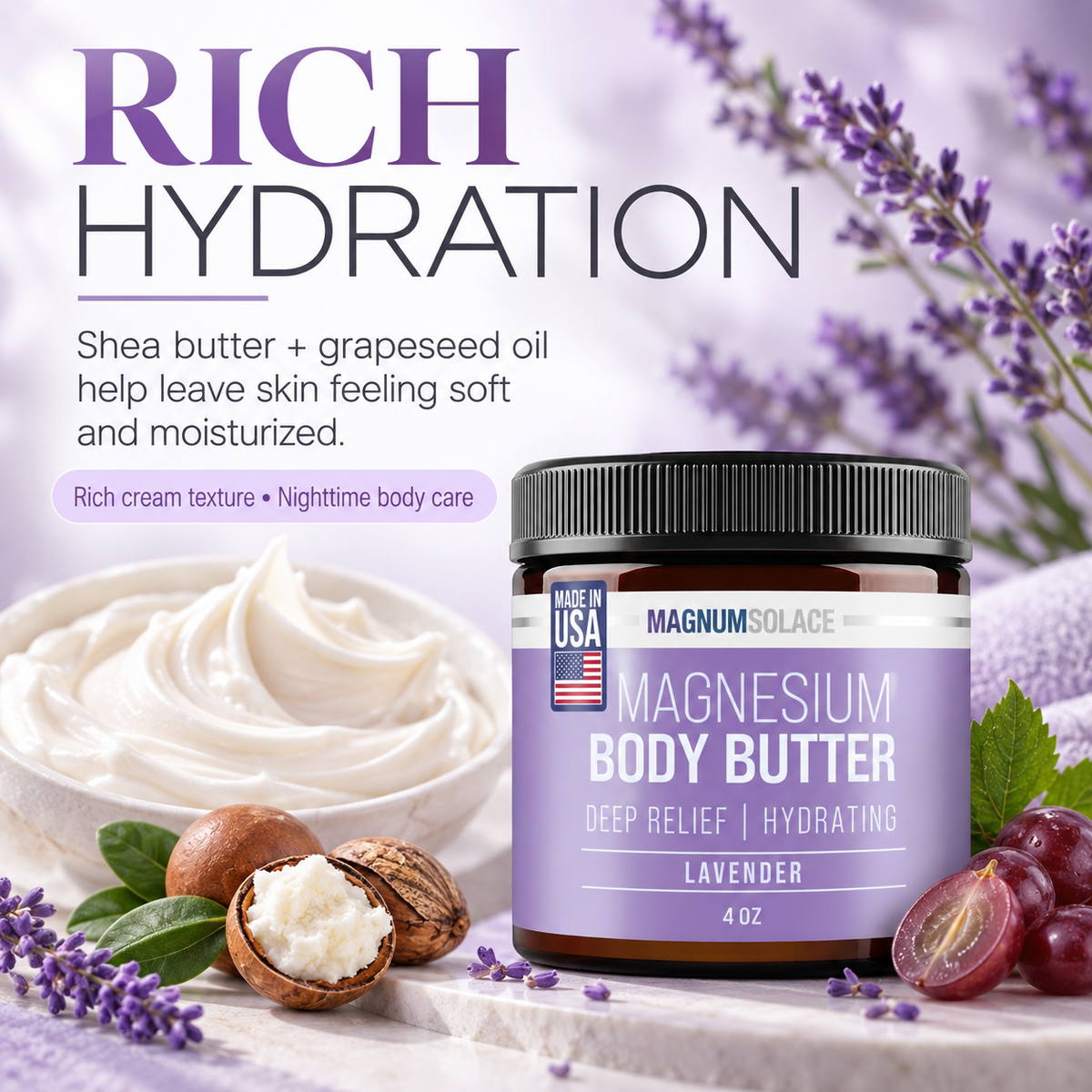 Magnum Solace Magnesium Body Butter rich hydration infographic