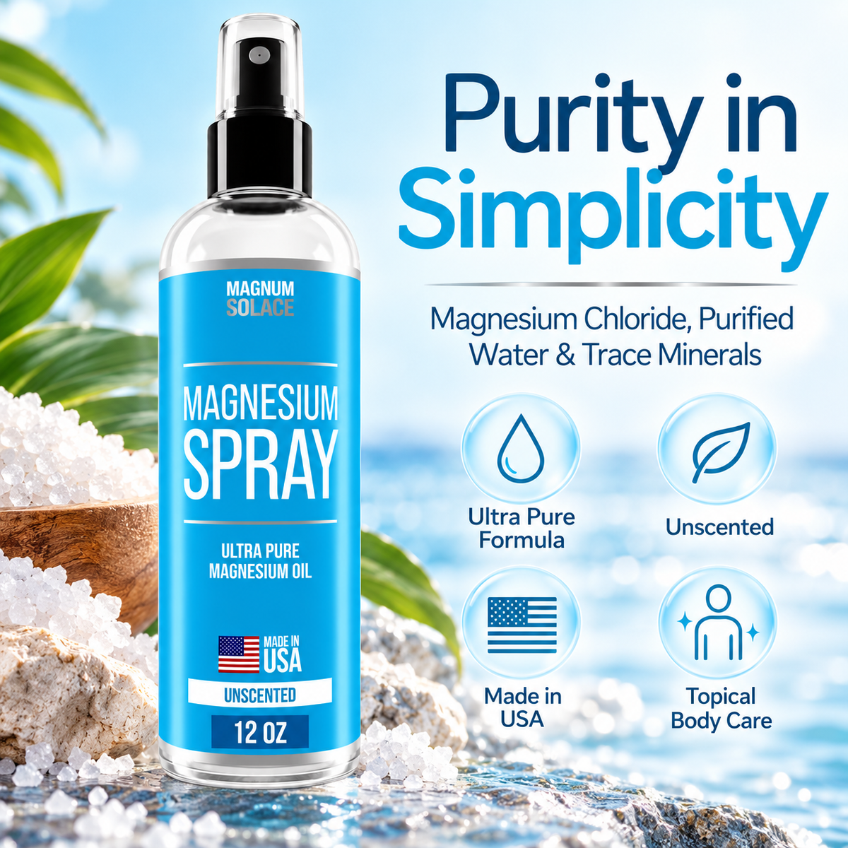 Magnum Solace Magnesium Spray purity and ingredients infographic