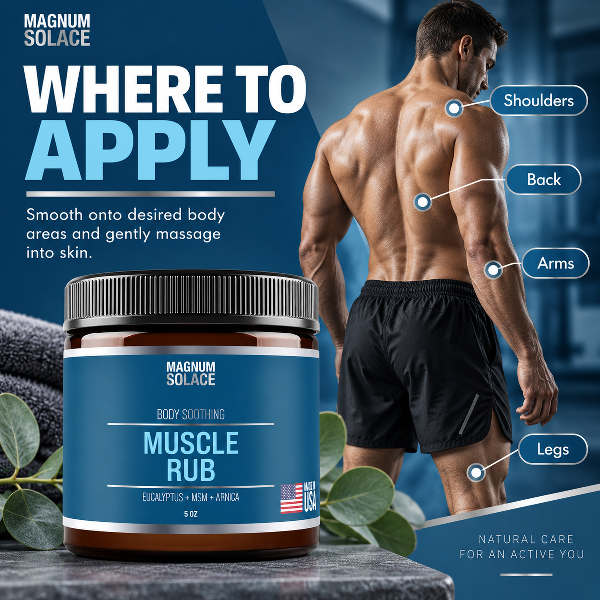 Magnum Solace Muscle Rub body application areas infographic