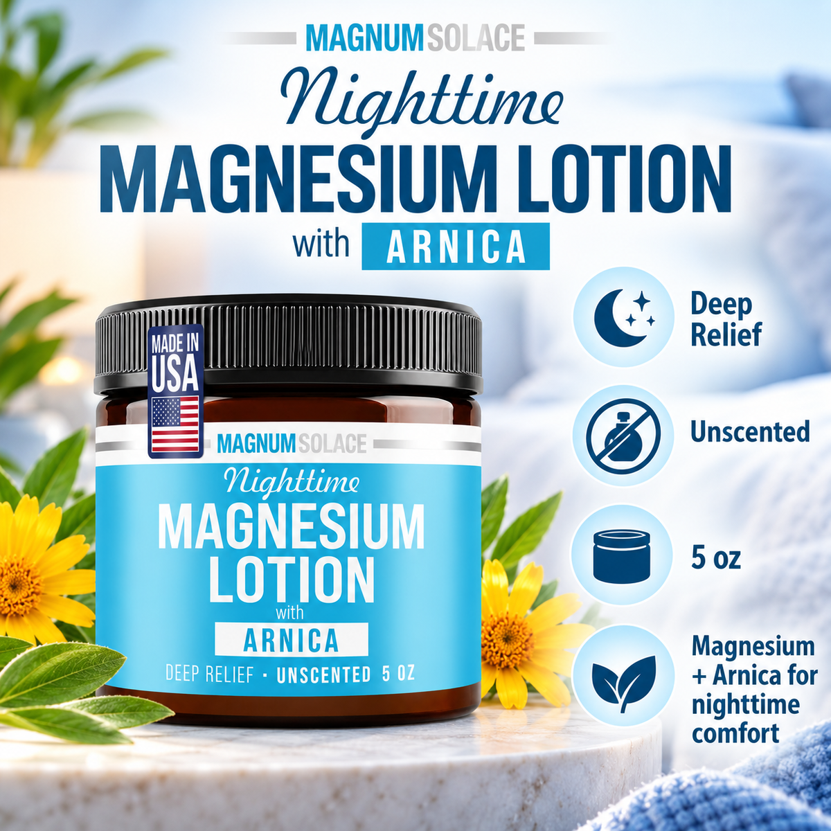 Magnum Solace Nighttime Magnesium Lotion with Arnica product overview
