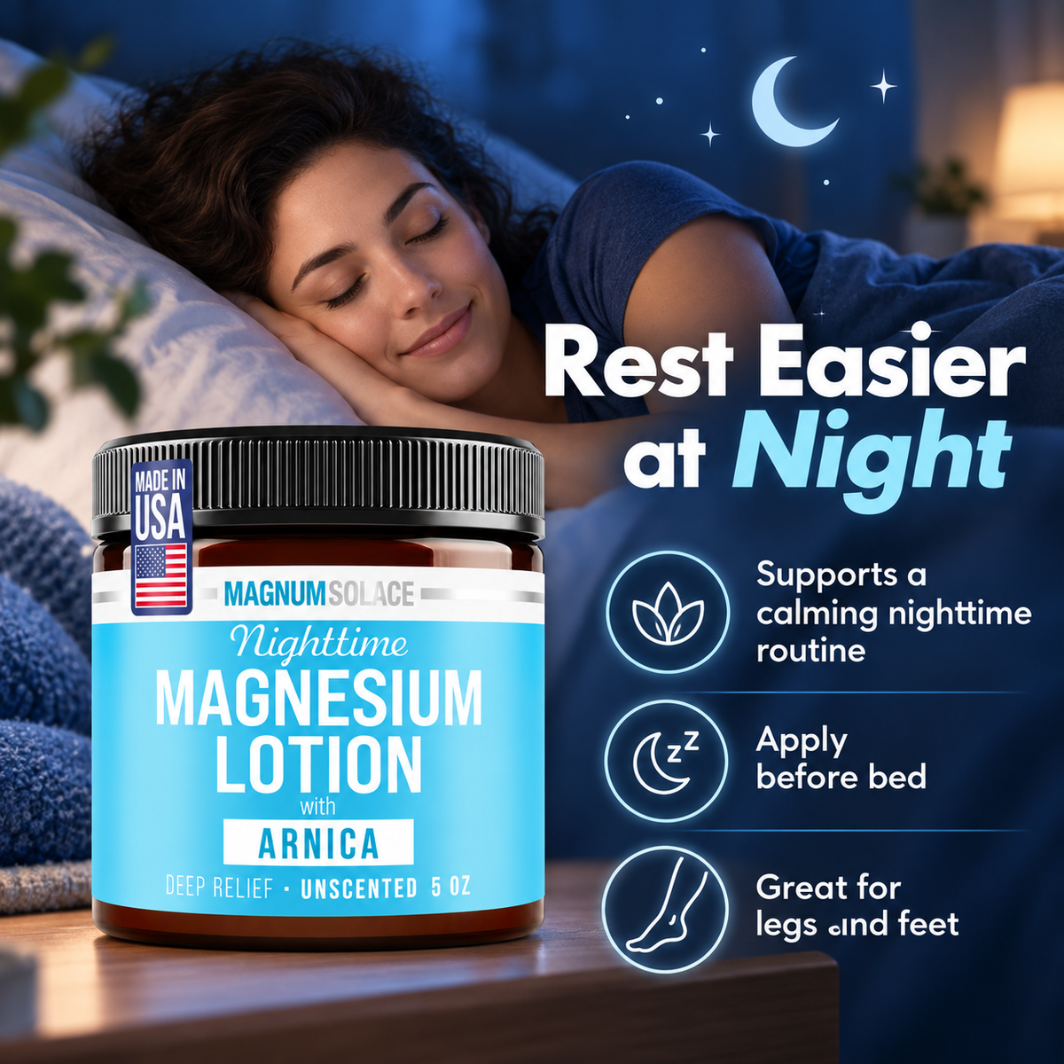 Magnum Solace nighttime magnesium lotion bedtime routine infographic