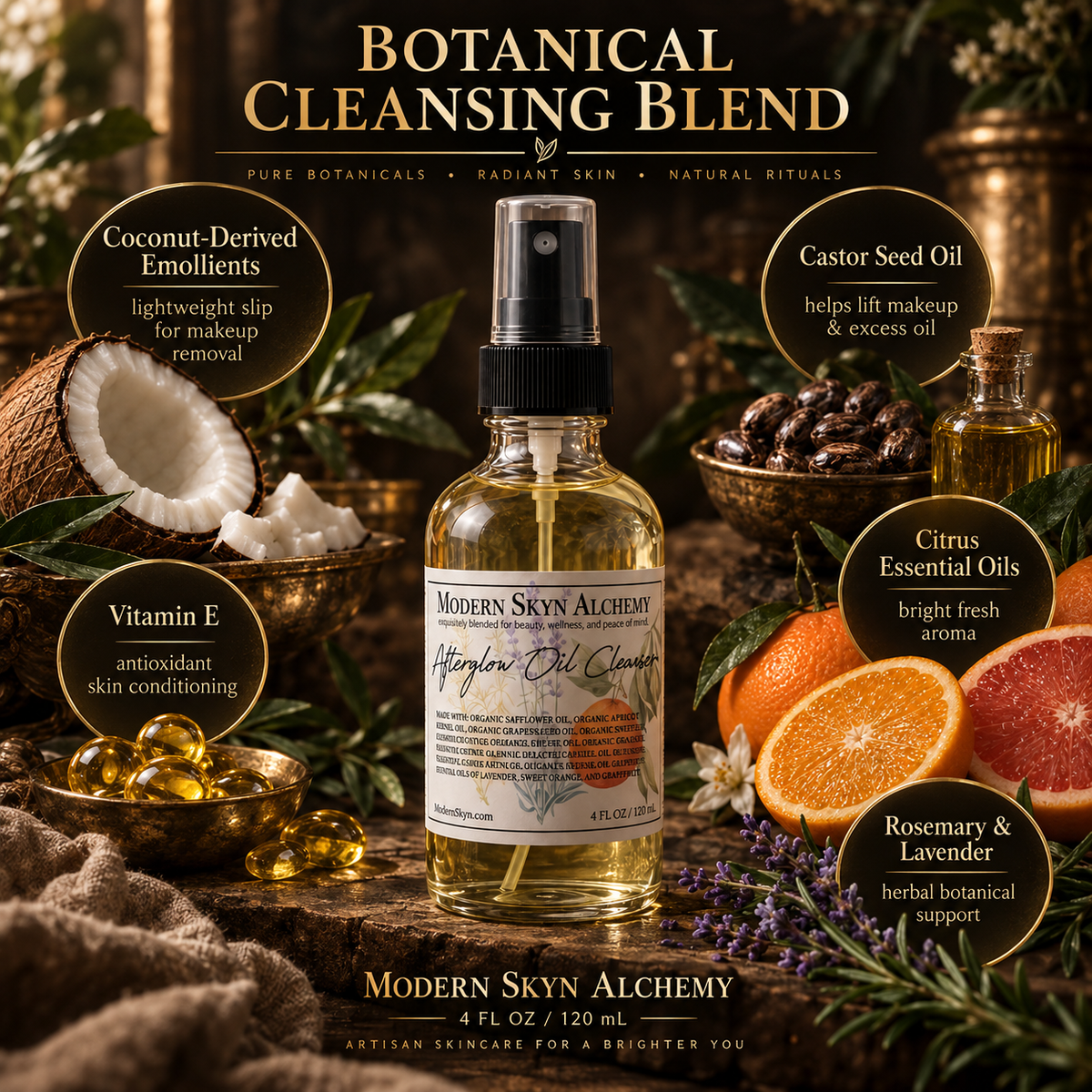 Modern Skyn Alchemy Afterglow Cleansing Oil current botanical ingredients infographic