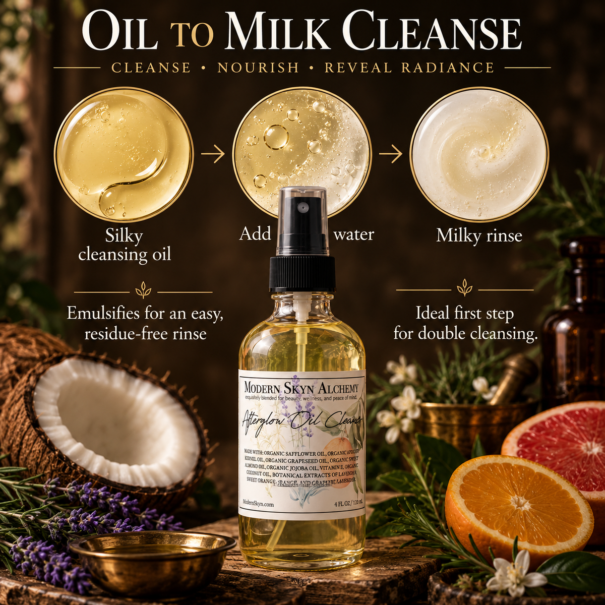 Modern Skyn Alchemy Afterglow Cleansing Oil emulsifying oil to milk infographic