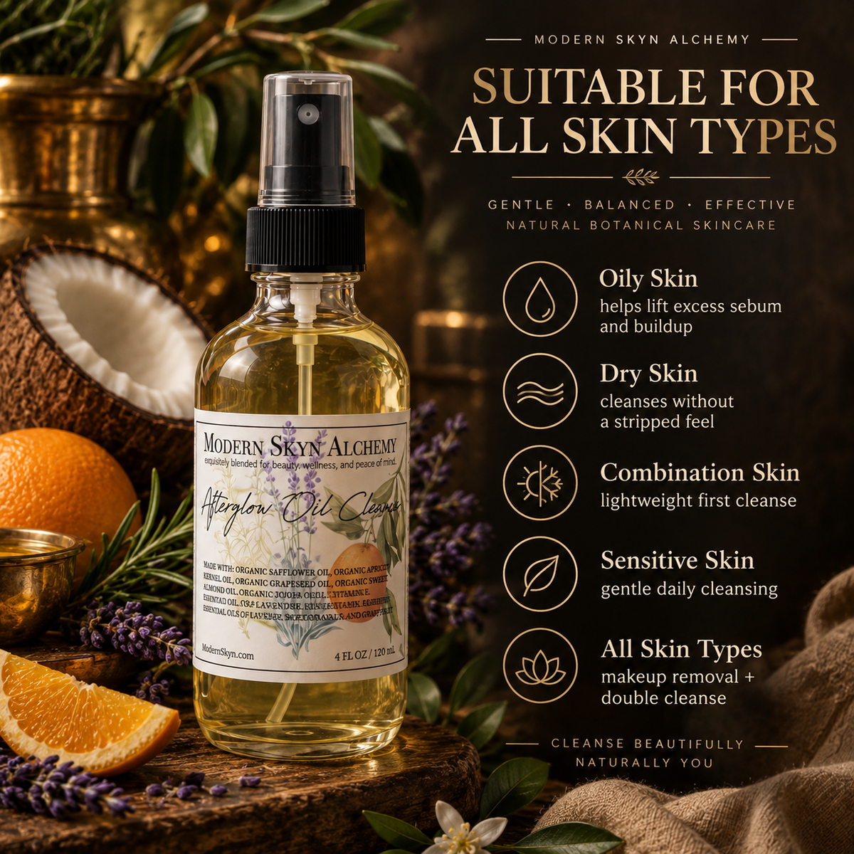 Modern Skyn Alchemy Afterglow Cleansing Oil suitable skin types infographic