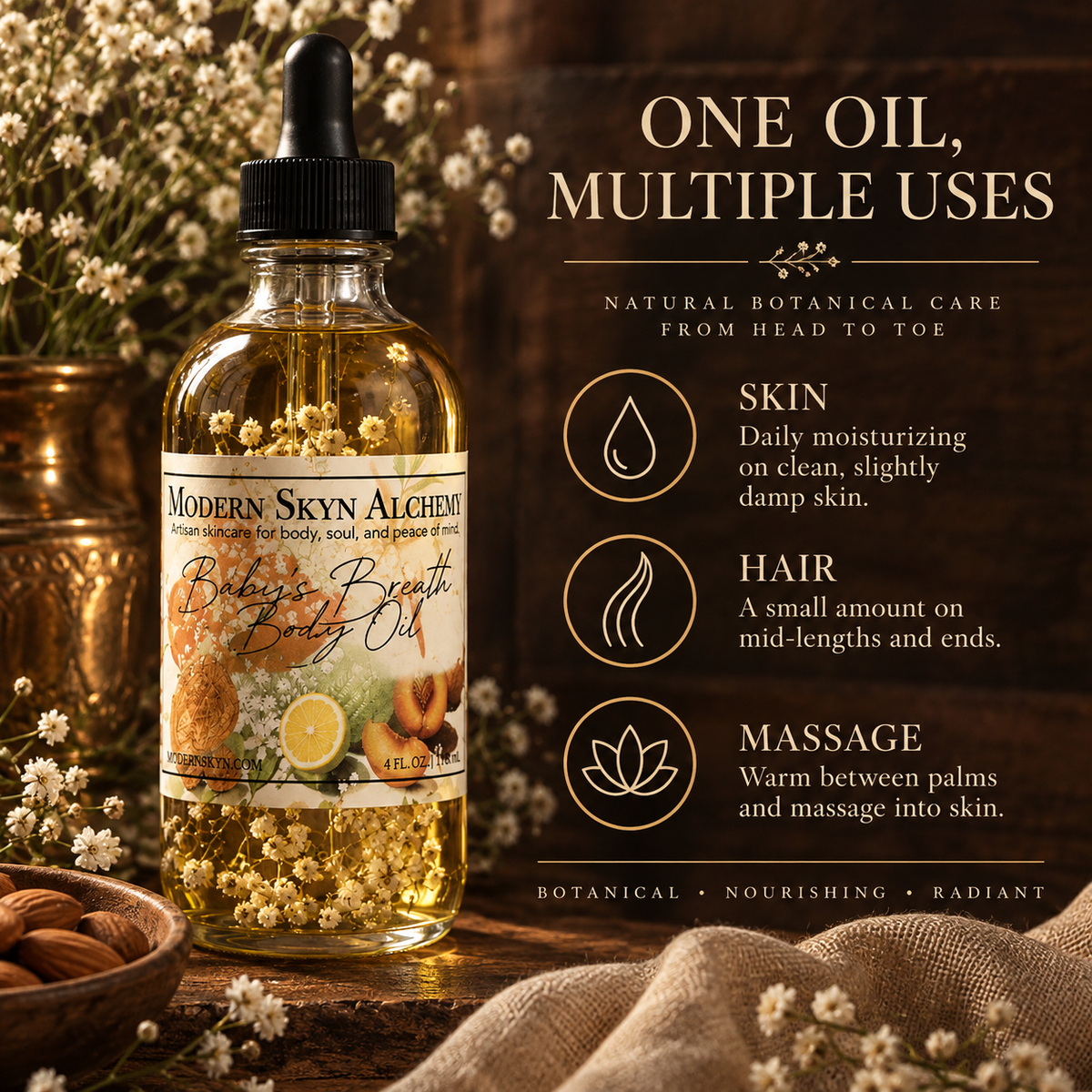 Baby's Breath Body Oil uses for skin hair and massage
