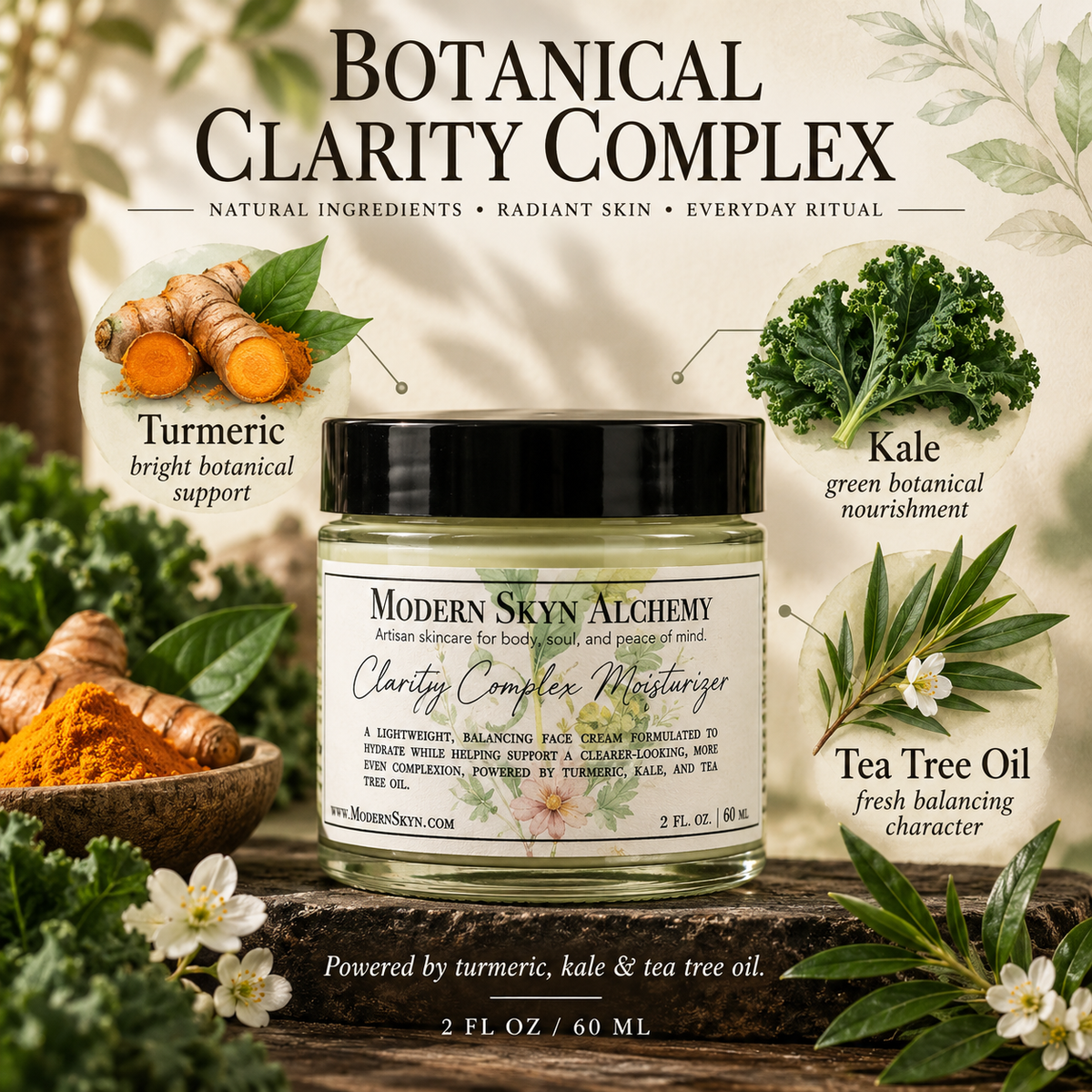 Clarity Complex Moisturizer turmeric kale and tea tree ingredients