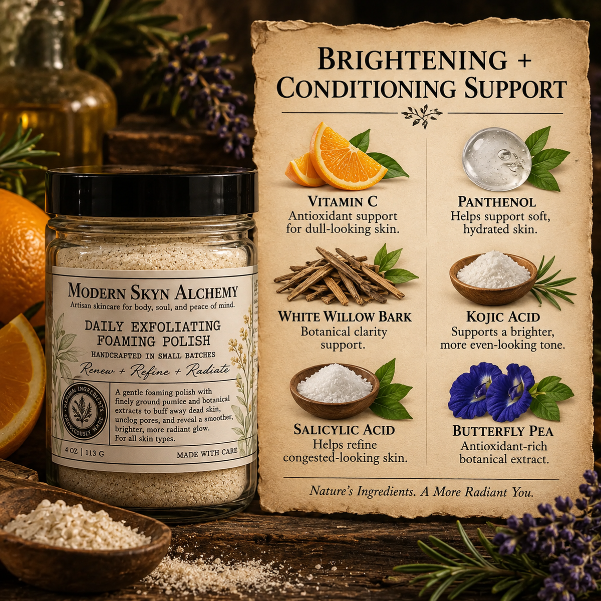 Daily Exfoliating Foaming Polish vitamin C panthenol willow kojic salicylic and butterfly pea
